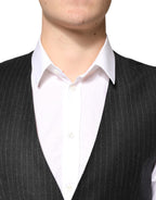 Dolce & Gabbana Black Stripes Wool Dress Men Waistcoat Vest