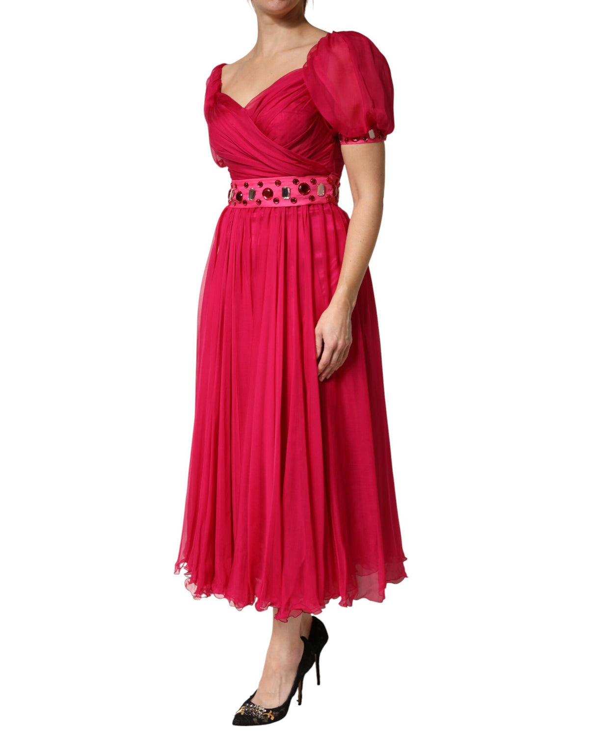 Dolce & Gabbana Pink Silk Embellished A-line Midi Dress