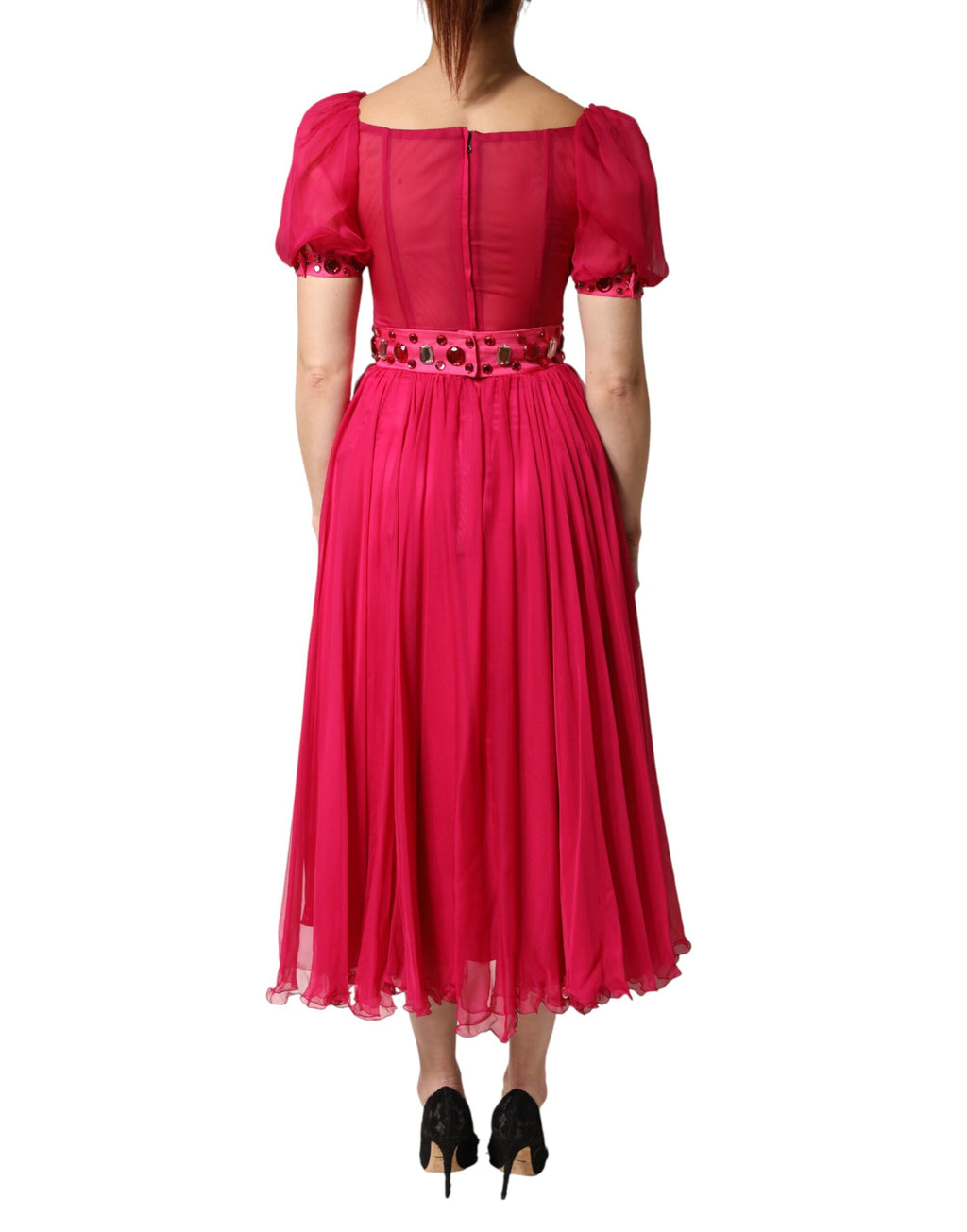 Dolce & Gabbana Pink Silk Embellished A-line Midi Dress