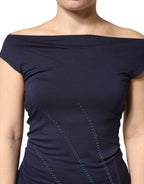 Roccobarocco Blue Viscose Embellished Off Shoulder Mini Dress