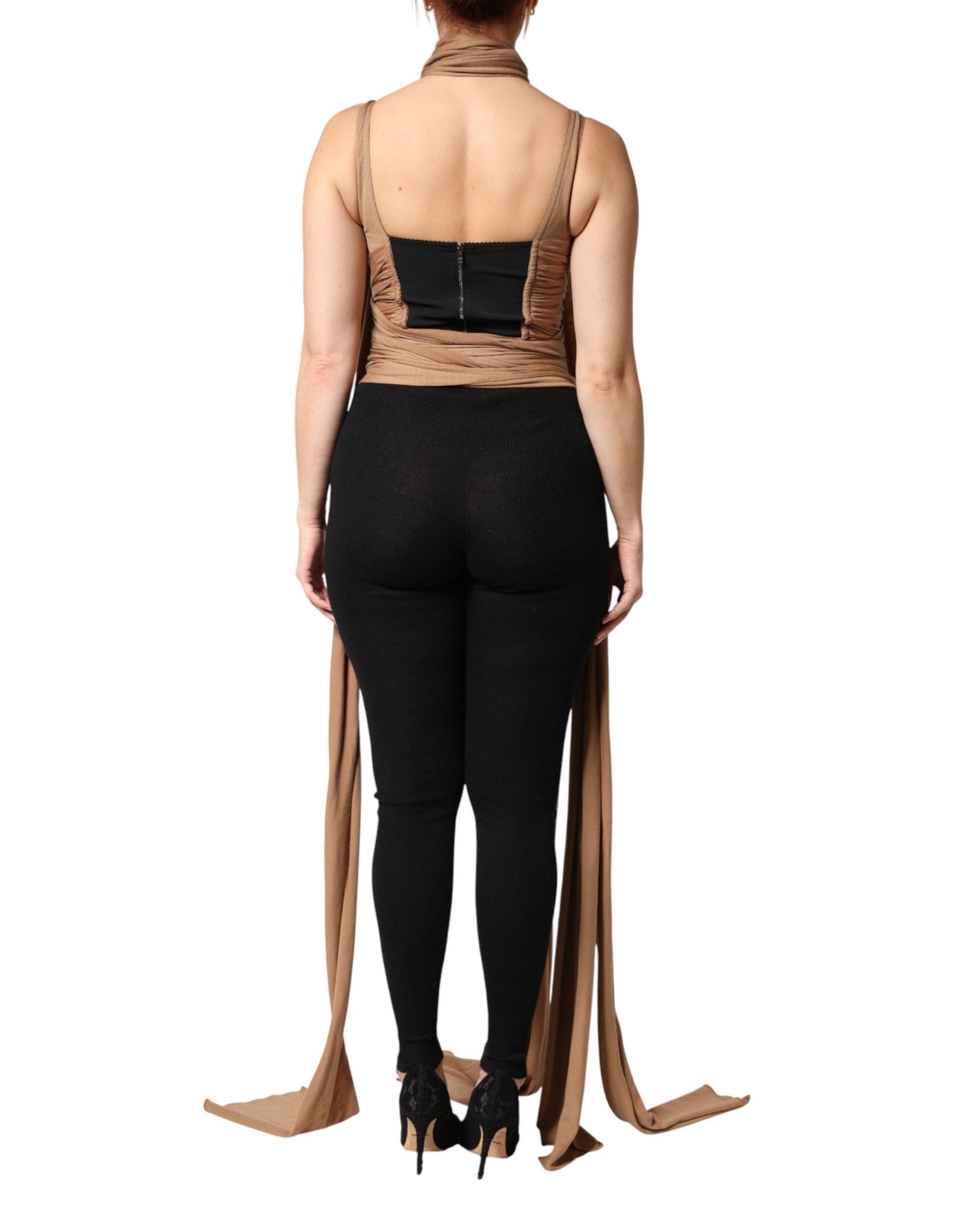 Dolce & Gabbana Brown Virgin Wool Sleeveless Scarf Tank Top