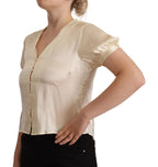 L'Autre Chose Blouse Off White Silk Short Sleeves V-neck Top