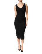 Dolce & Gabbana Black V-Neck Ruched Lace Hem Midi Dress