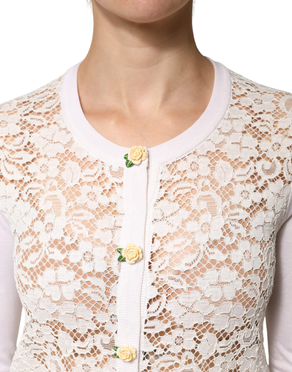 Dolce & Gabbana Cream Lace Knit Rose Button Cardigan Sweater