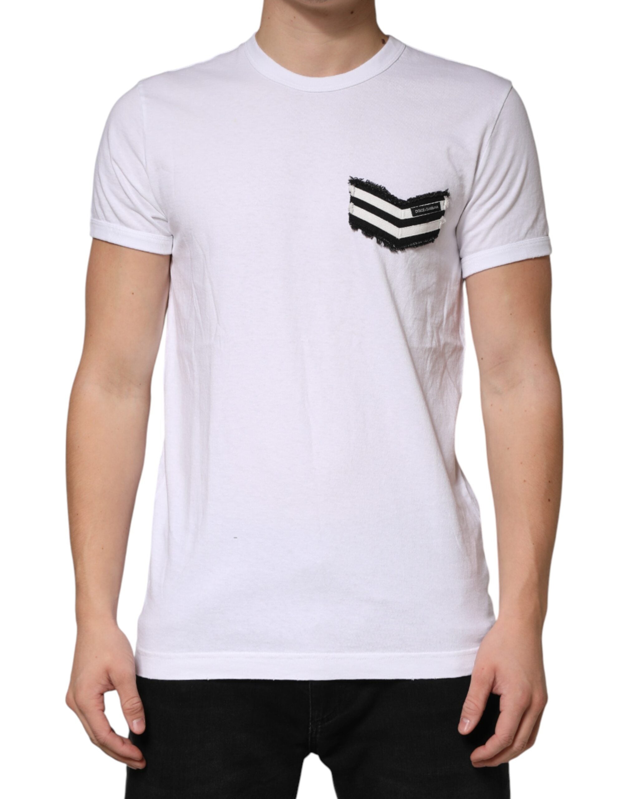 Dolce & Gabbana White Stripes Cotton Crew Neck Tee  T-shirt